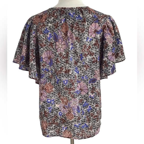 C & C California Floral Flutter Sleeve Tie Neck Blouse Size Medium - Picture 4 of 6